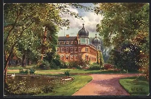 Künstler-AK Lich, Blick vom Garten aufs Schloss