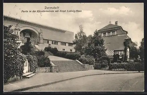 AK Darmstadt, Partie in der Künstlerkolonie mit Ernst Ludwig-Haus
