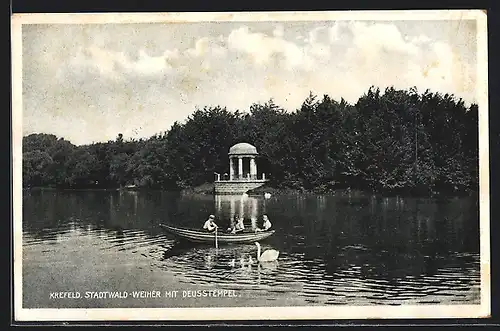 AK Krefeld, Stadtwald-Weiher mit Deusstempel