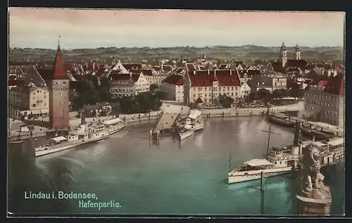 AK Lindau i. Bodensee, Hafenpartie mit Dampfer