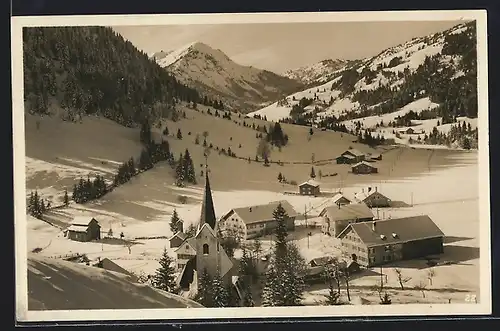 AK Unterjoch i. bayr. Allg., Ansicht mit Spieser im Winter