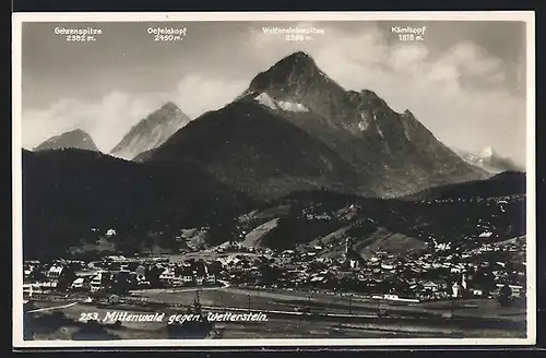 AK Mittenwald, Ortsansicht gegen Wetterstein