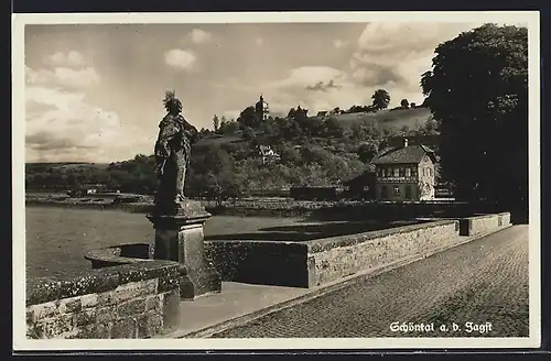 AK Schöntal / Jagst, Teilansicht mit Bahnhof und Statue