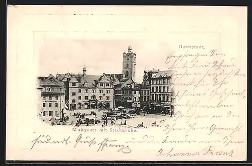 AK Darmstadt, Marktplatz mit Stadtkirche