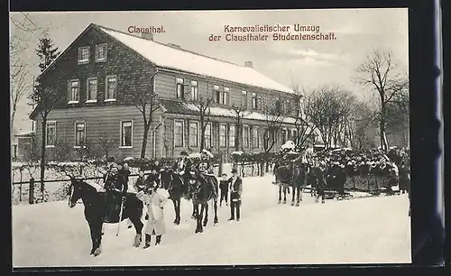 AK Clausthal, Karnevalistischer Umzug der Clausthaler Studentenschaft in verschneiter Landschaft