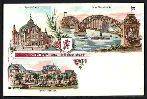 Lithographie Düsseldorf, Apollo-Theater, Central-Bahnhof, Neue Rheinbrücke