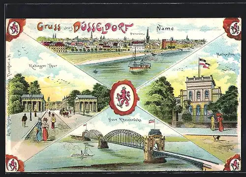 Lithographie Düsseldorf, Ratinger Tor, Malkasten und Neue Rheinbrücke