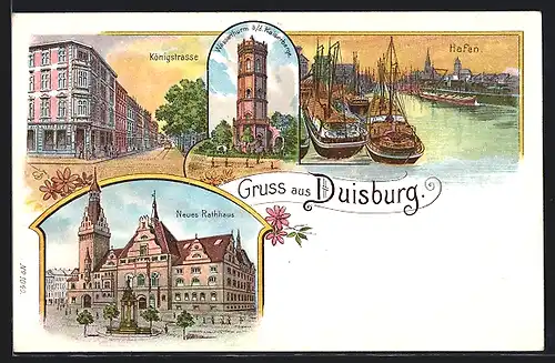 Lithographie Duisburg, Königsstrasse, Hafen, Neues Rathaus