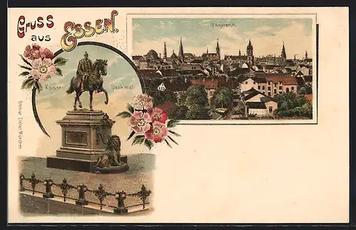 Lithographie Essen / Ruhr, Panorama und Kaiser Denkmal