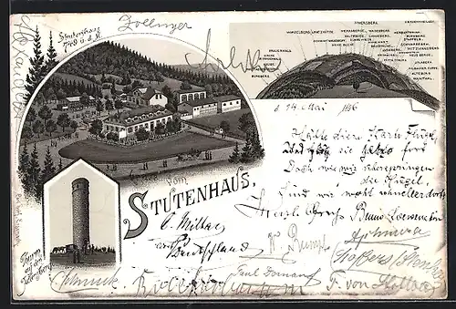 Lithographie Vesser, Adlersberg, Gasthof Stutenhaus, Thurm, Panorama