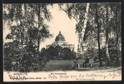 AK Goerlitz, Parkpartie mit Blick auf die Ruhmeshalle