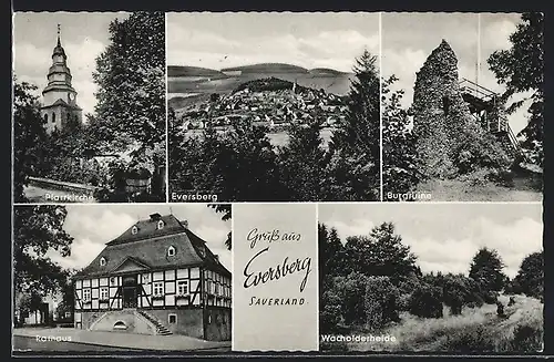 AK Eversberg /Sauerland, Pfarrkirche, Burgruine, Rathaus, Wacholderheide