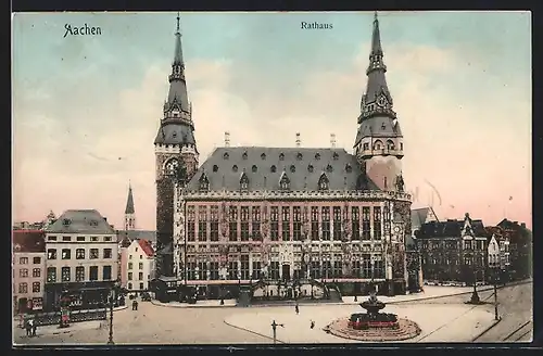 AK Aachen, Rathaus mit Strassenpartie