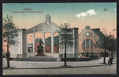 AK Aachen, Hauptbahnhof mit Krieger-Denkmal