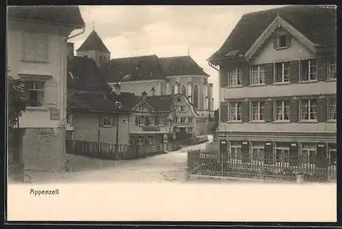 AK Appenzell, Strassenpartie mit Geschäft und Kirche