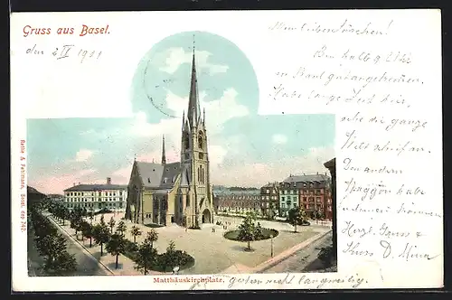 AK Basel, Matthäuskirchplatz mit Kirche