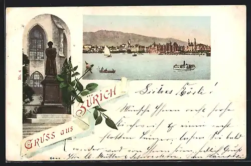 AK Zürich, Ortsansicht mit Dampfer und Denkmal