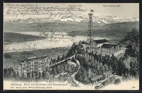 AK Uetliberg, Hotel und Restaurant Uetliberg, Blick auf Zürichsee und Glarneralpen
