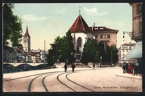 AK Zürich, Wasserkirche und Zwinglidenkmal