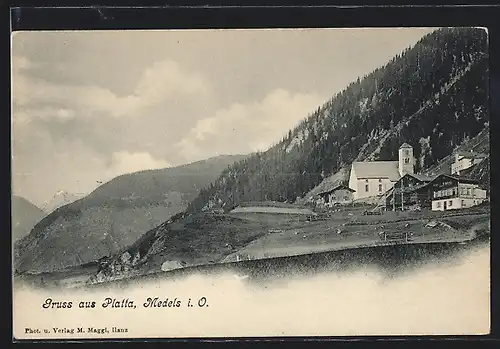 AK Medels i. O., Platta, Blick auf die Kirche am Berg