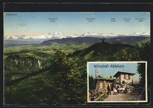 AK Albishorn, Wirtschaft mit Familie, Panorama mit Glärnisch, Hausstock, Tödi, Clariden & Scheerhorn