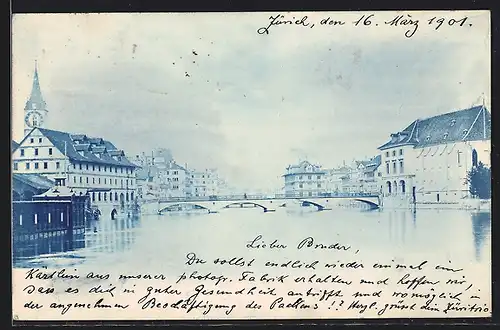 AK Zürich, Ortsansicht mit Brücke