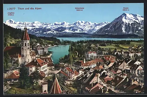 AK Thun, Ortsansicht gegen die Alpen, Jungfrau, Blüemlisalp, Niesen
