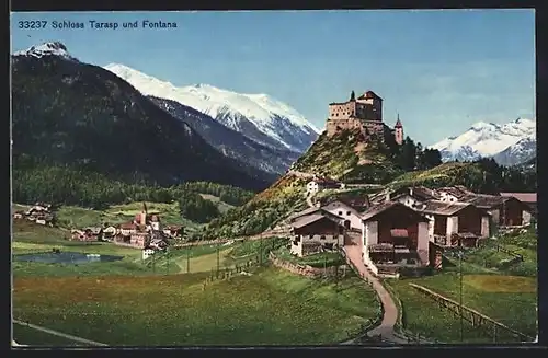 AK Tarasp, Schloss Tarasp und Ortsteil Fontana mit der Dreifaltigkeitskirche