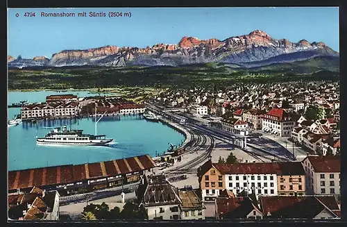 AK Romanshorn, Ortsansicht mit Bahnhof gegen Säntis