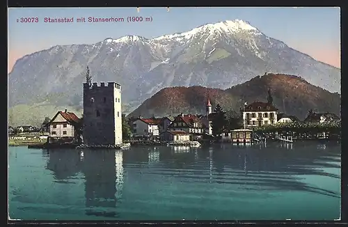 AK Stansstad, zinnenbewehrter Turm gegen Stanserhorn