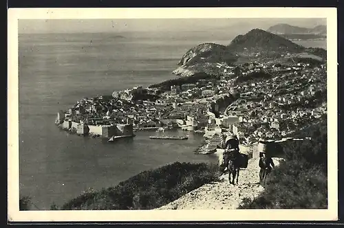 AK Dubrovnik, Packesel vor dem Panorama der Stadt