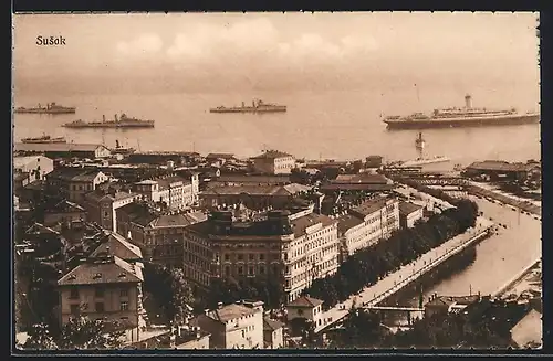 AK Susak, Ankernde Schiffe vor der Stadt, Ansicht der Stadt