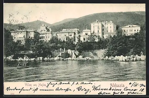 AK Abbazia, Ansicht der Villen am Hafen