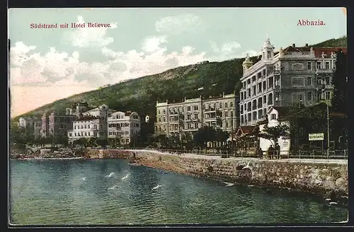 AK Abbazia, Südstrand mit Hotel Bellevue