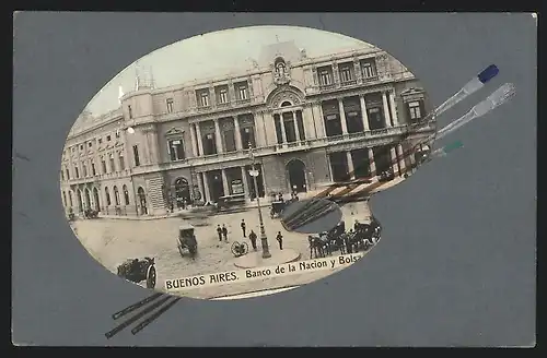 AK Buenos Aires, Banco de la Nacion y Bolsa, auf Farbpalette mit Pinseln