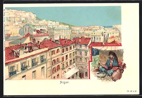 Lithographie Alger, Blick über die Dächer der Stadt