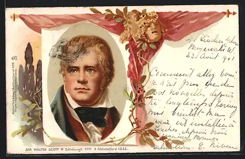 Lithographie Walter Scott im Anzug vor rosanem Vorhang