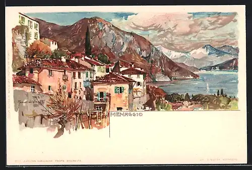 Künstler-AK Menaggio, Ortsansicht mit Gebirge