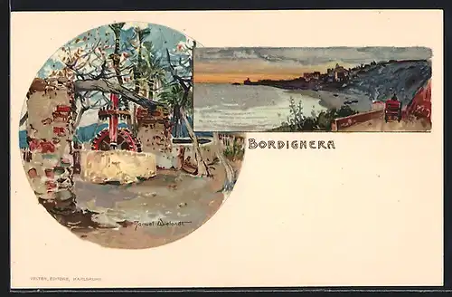 Künstler-AK Manuel Wielandt: Bordighera, Brunnen und Gesamtansicht