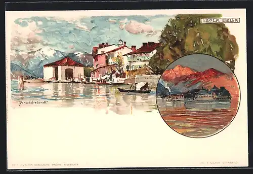 Künstler-AK Manuel Wielandt: Isola Bella, Ortsansicht, Dampferpartie, Gondola