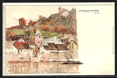 Künstler-AK Hirschhorn a. N., Ortsansicht mit Kirche und Burg