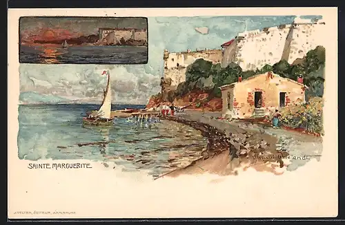 Künstler-AK Manuel Wielandt: Sainte Marguerite, Strandpartie, Ortspartie bei Sonnenuntergang