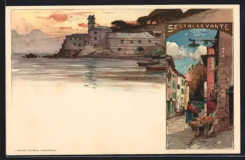 Künstler-AK Manuel Wielandt: Sestri Levante, Strasse im Ortskern, Abendstimmung am Meer