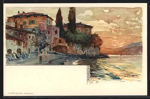 Künstler-AK Manuel Wielandt: Varenna, Uferpartie im Abendrot