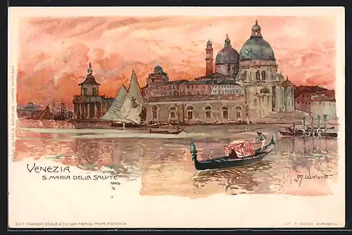 Künstler-Lithographie Manuel Wielandt: Venezia, S. Maria della Salute, Gondel, Segelboot
