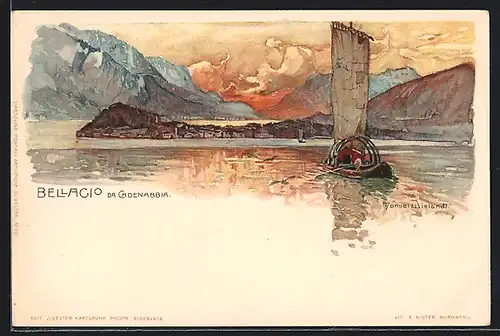 Künstler-AK Manuel Wielandt: Bellagio da Cadenabbia, Einsames Segelboot in der Dämmerung