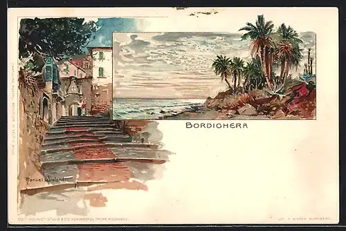 Künstler-AK Manuel Wielandt: Bordighera, Palmen mit Meerblick, Wegpartie in den Ort