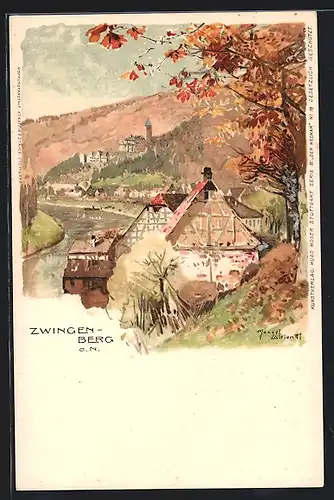 Künstler-Lithographie Manuel Wielandt: Zwingenberg, Teilansicht