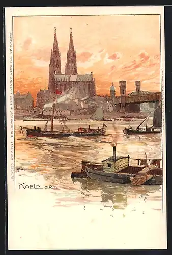 Lithographie Köln, Kölner Dom vom Wasser aus gesehen, Dampfer auf dem Rhein