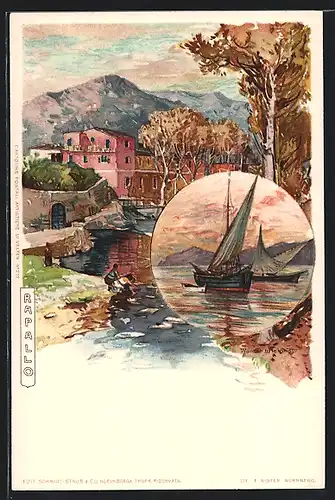 Künstler-AK Manuel Wielandt: Rapallo, Ortspartie, Segelboote auf See